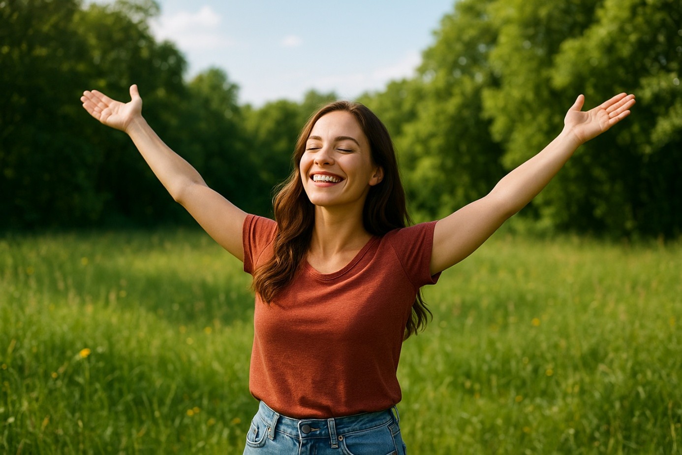 Femme souriante, les bras ouverts, dans un pré au soleil