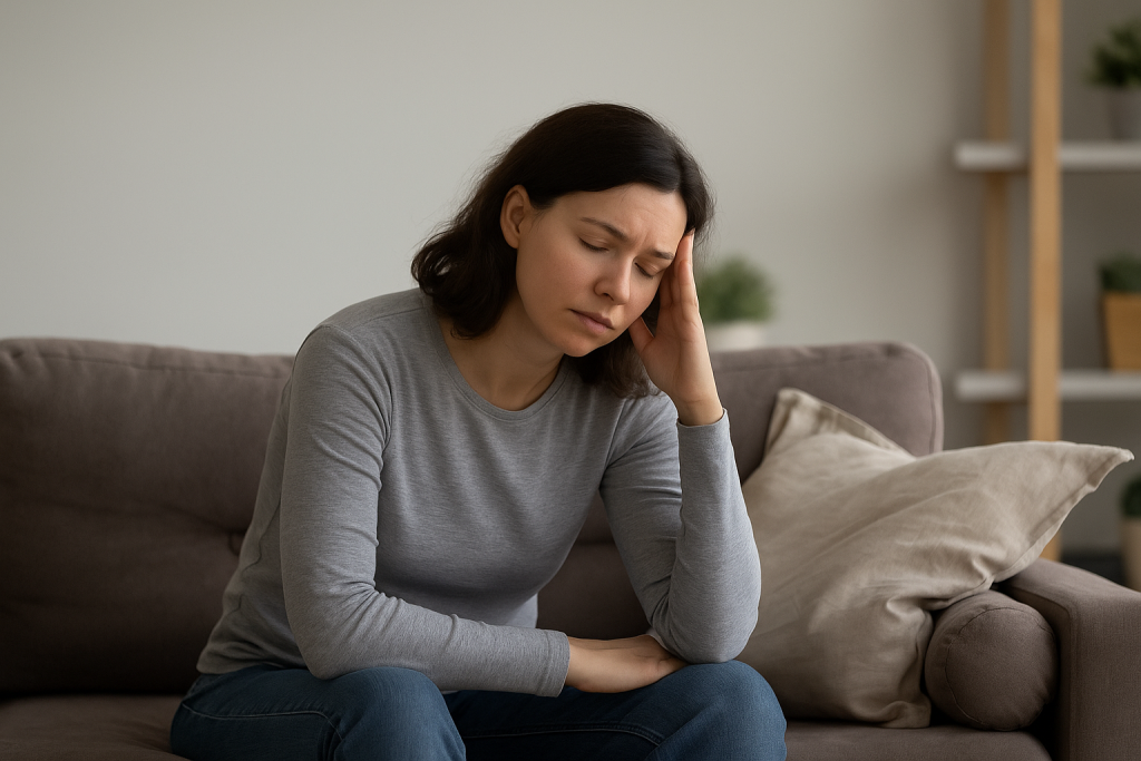 Fatigue chronique : femme épuisée sur son canapé, la tête dans la main